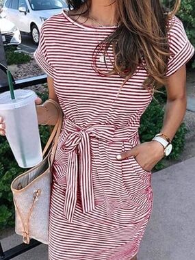 Meerokitty Women's Red Striped Tie-Waist Dress